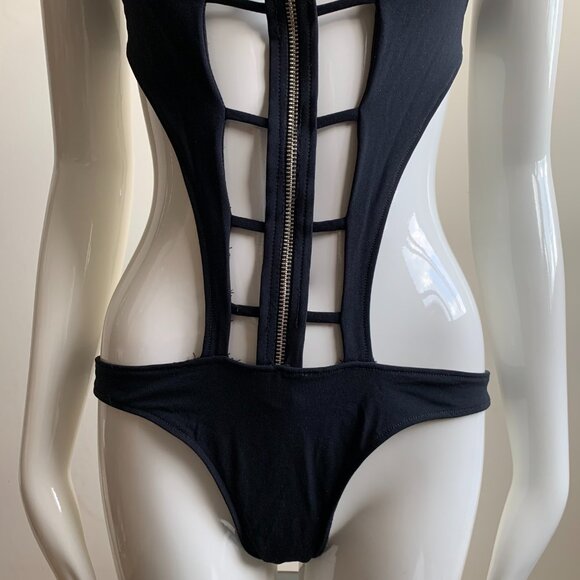 Sauvage Black zipper monokini cut out strappy one piece swimsuit - Picture 3 of 9